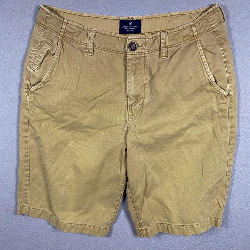 American Eagle Longboard Shorts Mens 33 Tan Khaki Cotton Flat Front Casual